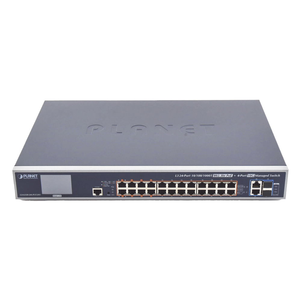 Switch Administrable L3, 24 puertos Gigabit PoE 802.3bt, 2 puertos 10G SFP+, Pantalla Tactil, Fuente Redundante, (600W) - PLANET GS-6320-24UP2T2XV