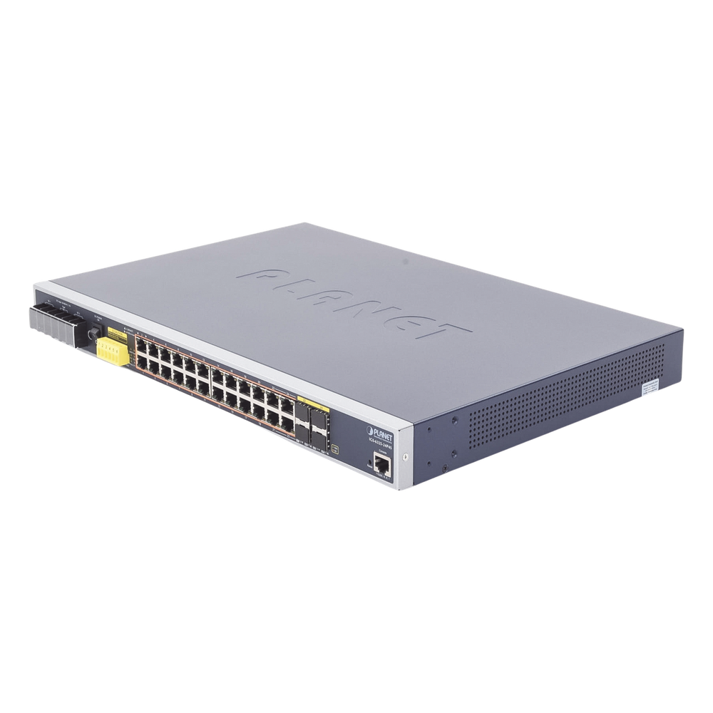 Switch PoE Industrial Capa 3, Con 24 Puertos PoE Gigabit 802.3af/at, 4 Puertos SFP Compartidos 100 / 1000X, Soporta temperaturas extremas de -40 ~ 75°C - PLANET IGS-6325-24P4S