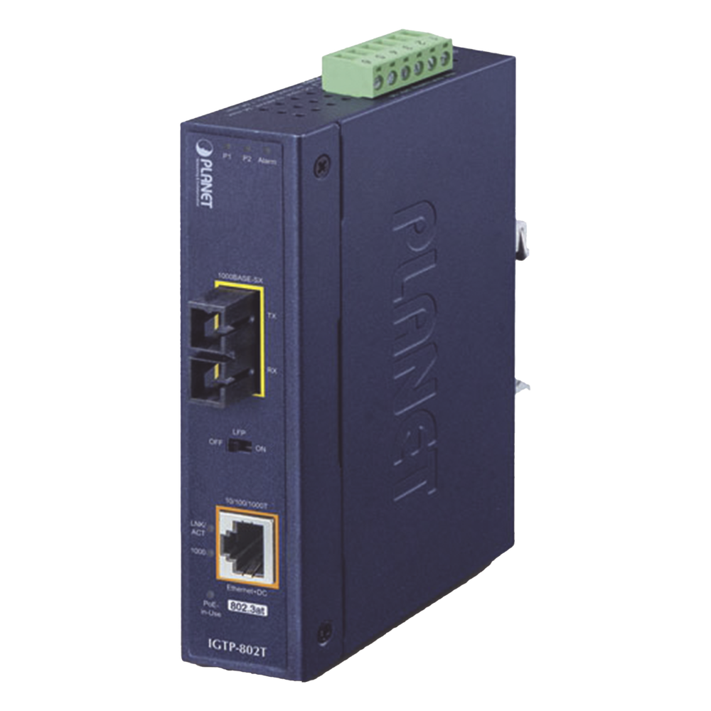 Convertidor de medios industrial PoE+ 1000BASE-SX a 10/100/1000BASE-T 802.3at (SC,MM) -550 m - PLANET IGTP-802T