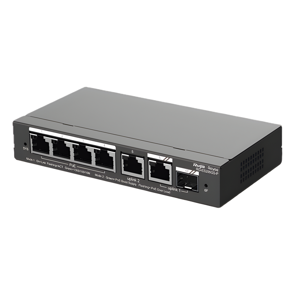 Switch Administrable con 4 puertos Gigabit PoE, 2 Uplink Gigabit y 1 Uplink Gigabit para Fibra SFP en combo, gestión gratuita desde la nube - RUIJIE RG-ES206GS-P