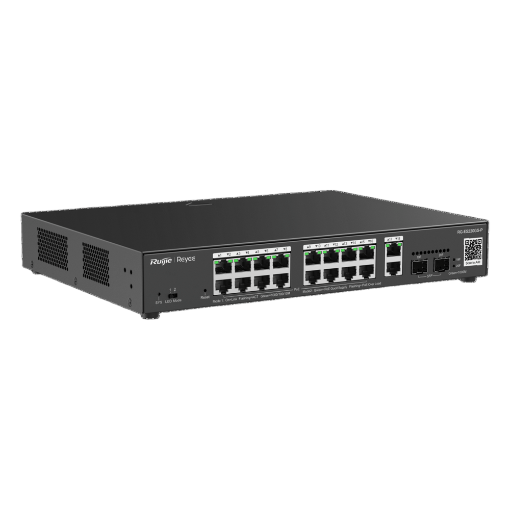 Switch L2 Administrable PoE con 16 puertos Gigabit PoE 802.3af/at + 2 SFP para fibra 1Gb, gestión gratuita desde la nube, 240w - RUIJIE RG-ES220GS-P
