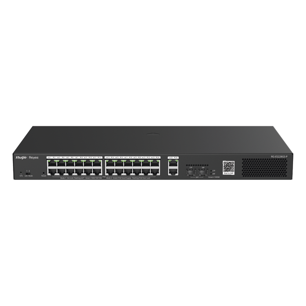 Switch Smart PoE con 24 puertos Gigabit PoE 802.3af/at + 2 SFP para fibra 1Gb, gestión gratuita desde la nube, 370w - RUIJIE RG-ES228GS-P