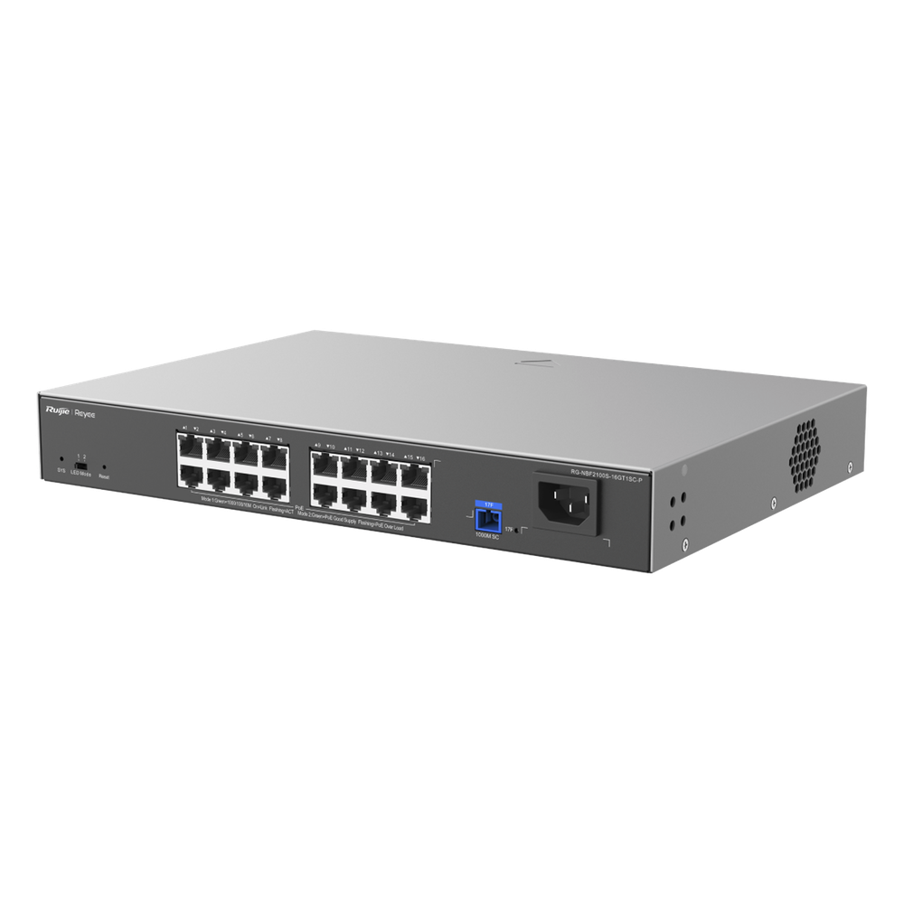 e-Lighten ONU / Switch PoE+ Hibrido, Capa 2 con un Puerto PON 1G SC/UPC y 16 Puertos Ethernet PoE+ 1G hasta 240 Watts y 100 Clientes - RUIJIE RG-NBF2100S-16GT1SC-P