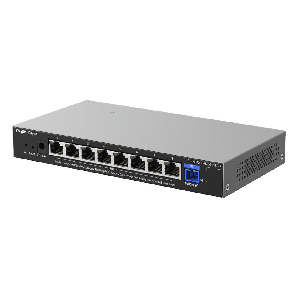 e-Lighten ONU / Switch PoE+ Hibrido, Capa 2 con un Puerto PON 1G SC/UPC y 8 Puertos Ethernet PoE+ 1G hasta 120 Watts y 100 Clientes - RUIJIE RG-NBF2100S-8GT1SC-P