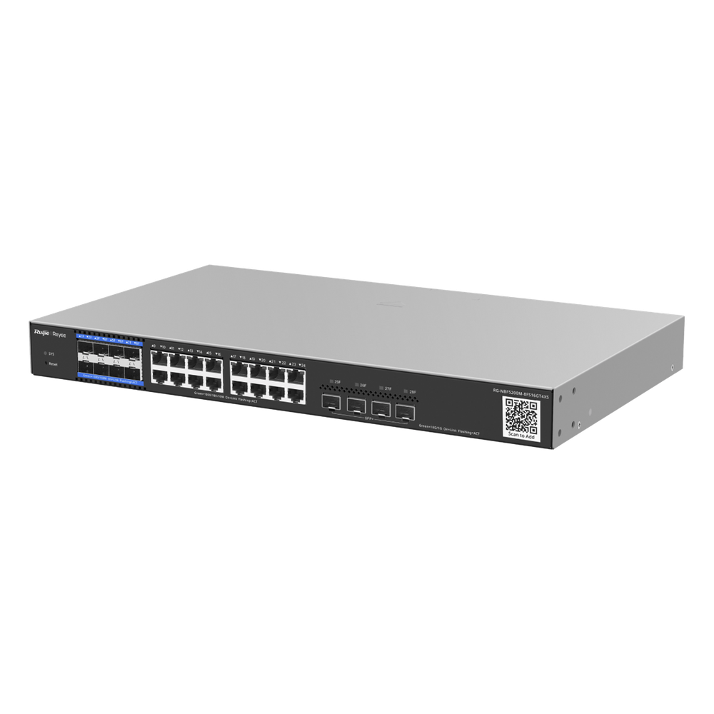 e-Lighten OLT / Switch Hibrido, Capa 3 con 8 Puertos PON 1G, 16 Puertos Ethernet 1G y 4 Puertos SFP+ 10G, perfecto para migrar a Soluciones de Fibra PON hasta 256 ONUs - RUIJIE RG-NBF5200M-8FS16GT4XS