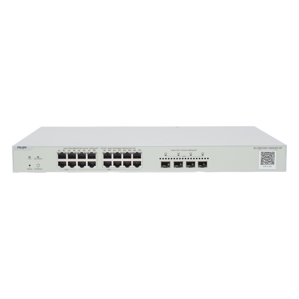 [RG-NBS3300-16MG4XS-HP] Switch Multi-Gigabit PoE++ hasta 370W, Capa 2 con 4 Puertos 2.5G (90W), 12 Puertos 2.5G (30W) y 4 Uplink SFP+ 10G , Administrable Cloud, Diseñado Para Access Points WiFi 6/7 - RUIJIE RG-NBS3300-16MG4XS-HP