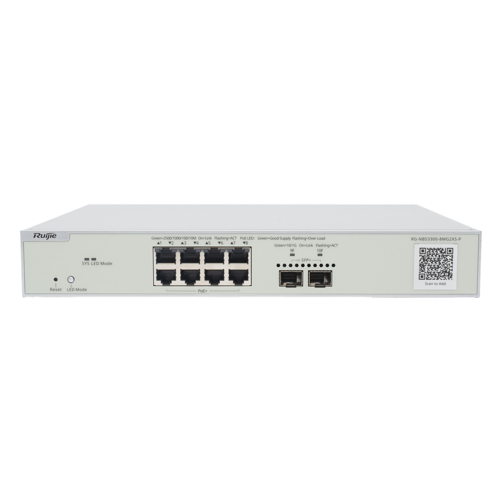 [RG-NBS3300-8MG2XS-P] Switch Multi-Gigabit PoE+ Capa 2 con 8 Puertos 2.5G PoE+ hasta 240W y 2 Uplink SFP+ 10G ,Administrable Cloud, Diseñado Para Access Points WiFi 6/7 - RUIJIE RG-NBS3300-8MG2XS-P