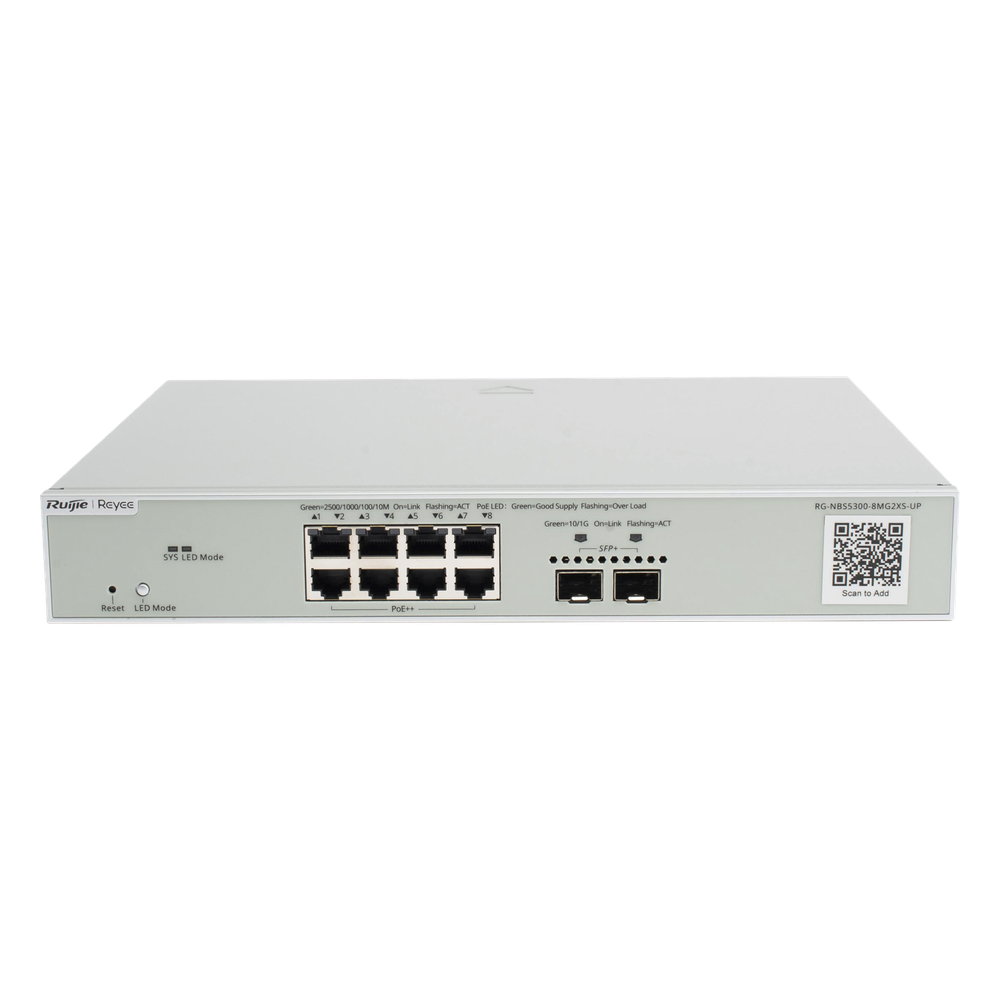 [RG-NBS5300-8MG2XS-UP] Switch Multi-Gigabit PoE++ 370W 802.3bt Capa 3 Administrable Cloud, Diseñado Para Access Points WiFi 6/7 - RUIJIE RG-NBS5300-8MG2XS-UP