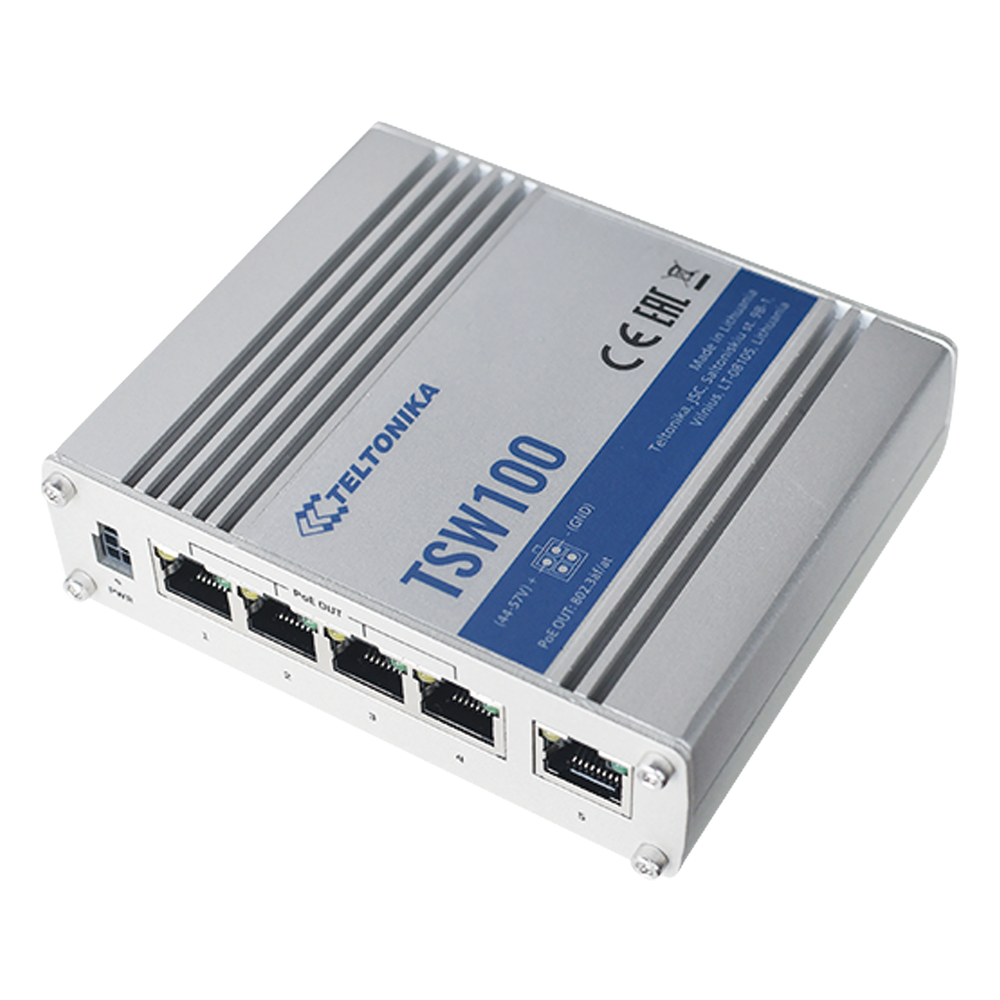 [TSW100] Switch Industrial No-Administrable 5 puertos Gigabit, PoE en 4 puertos 802.3af/at (120W) - TELTONIKA TSW100