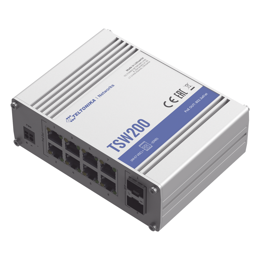 [TSW200] Switch Industrial No-Administrable 8 puertos Gigabit PoE 802.3af/at, 2 puertos SFP - TELTONIKA TSW200