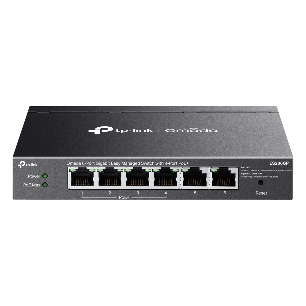 Switch Omada 6 Puertos Gigabit / 4 Puertos PoE+ 65W / Gestión Cloud SDN / Sin Ventiladores / QoS / VLAN / IGMP Snooping / 250 m PoE - TP-LINK ES206GP