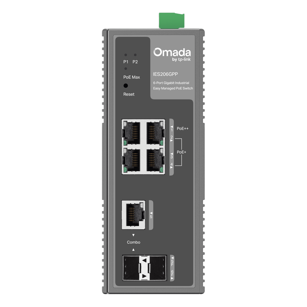Switch Industrial Easy Managed / 6 Puertos Gigabit (4 PoE) / 120W PoE Budget / IP40 / -40°C a 75°C / 6kV Protección Rayos / Cloud Management Omada / DIN-Rail - TP-LINK IES206GPP