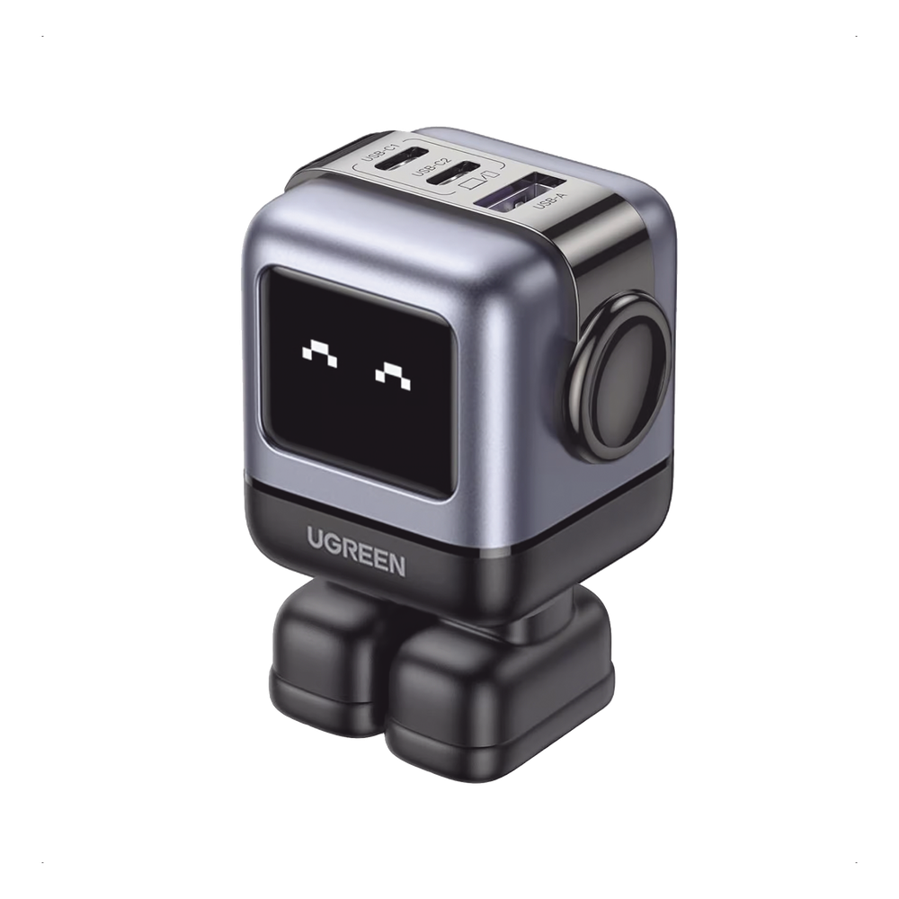 [15570B] Cargador RobotGaN de 65W Serie UNO | 3 Puertos de Carga Rápida | 2 USB-C | 1 USB-A | PD 3.0 | QC 4.0 | Carga Inteligente | Tecnología GaN II | Zapato Magnético Extraíble | Carcasa Ignífuga | Pantalla LED - UGREEN 15570B