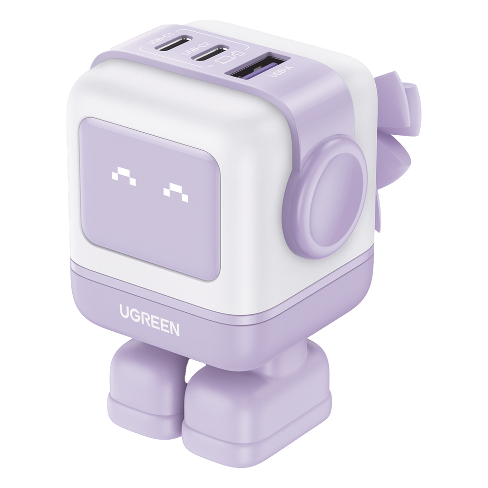 [35314] Cargador RobotGaN de 65W Serie UNO | 3 Puertos de Carga Rápida | 2 USB-C | 1 USB-A | PD 3.0 | QC 4.0 | Carga Inteligente | Tecnología GaN II | Zapato Magnético Extraíble | Carcasa Ignífuga | Pantalla LED - UGREEN 35314