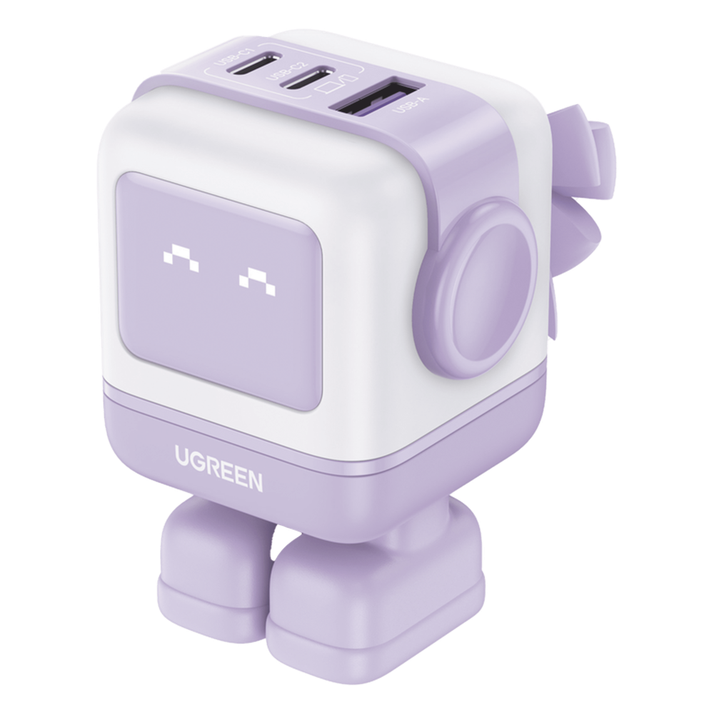 Cargador RobotGaN de 65W Serie UNO | 3 Puertos de Carga Rápida | 2 USB-C | 1 USB-A | PD 3.0 | QC 4.0 | Carga Inteligente | Tecnología GaN II | Zapato Magnético Extraíble | Carcasa Ignífuga | Pantalla LED - UGREEN 35314B