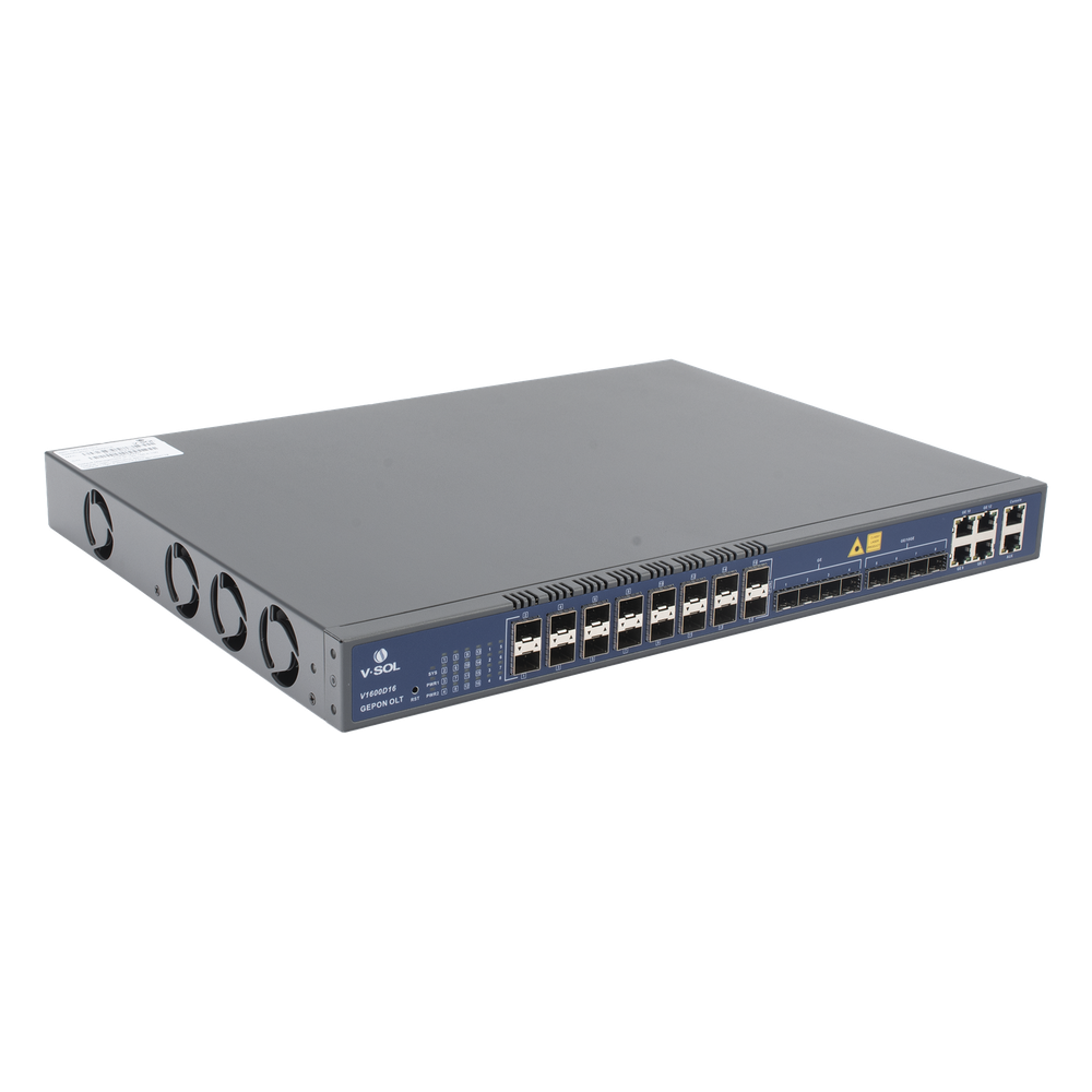 OLT de 16 puertos EPON con 12 puertos Uplink (4 puertos Gigabit Ethernet + 4 puertos SFP + 4 puertos SFP+) , hasta 1,024 ONUS - V-SOL V1600-D16