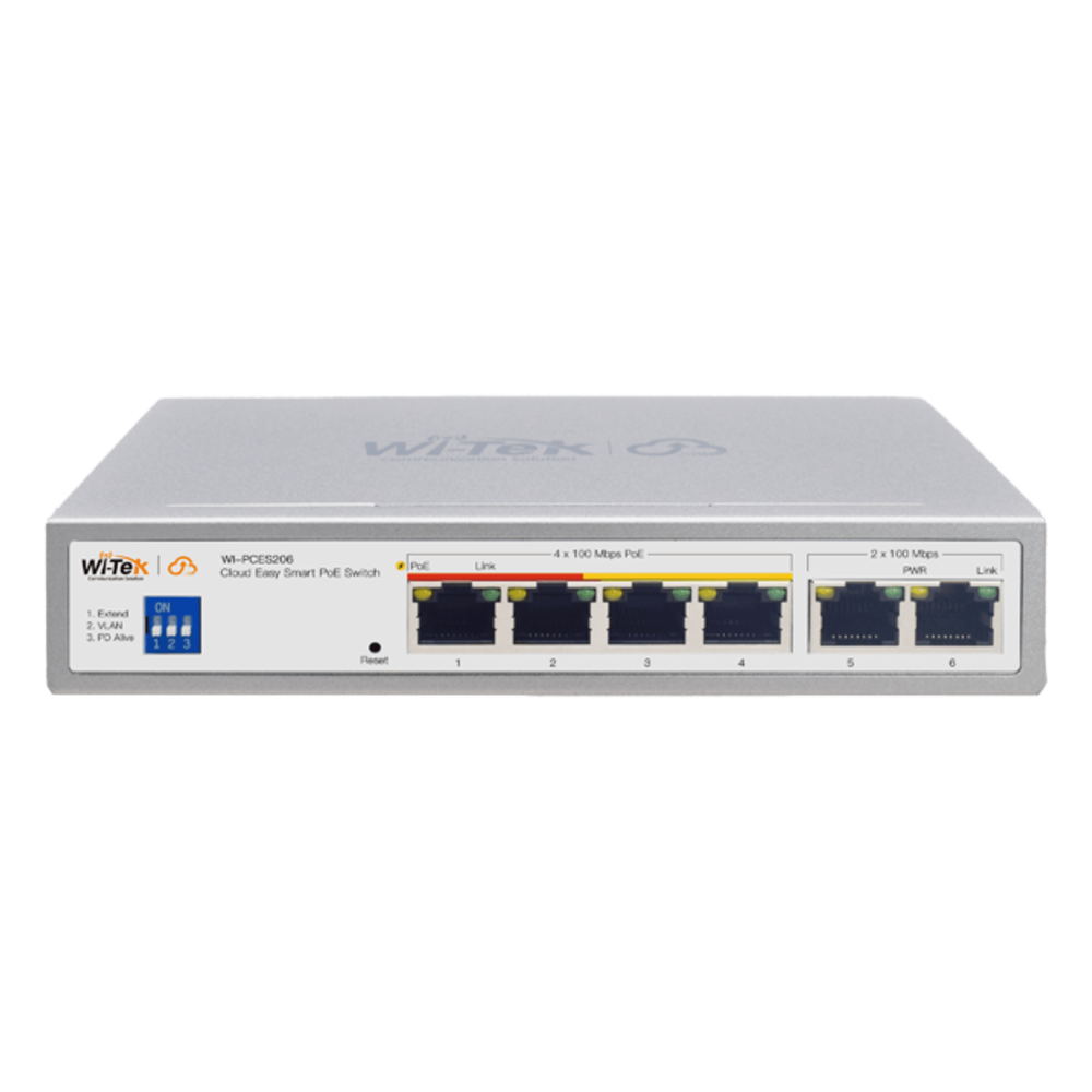 [WI-PCES206] Switch PoE / Administración en la nube / Con 4 puertos 10/100 Mbsp PoE af/at / 2 Puertos Uplink 10/100 MBPS / Presupuesto 60 W / PoE hasta 250 metros / Soporta protocolo ONVIF - WI-TEK WI-PCES206