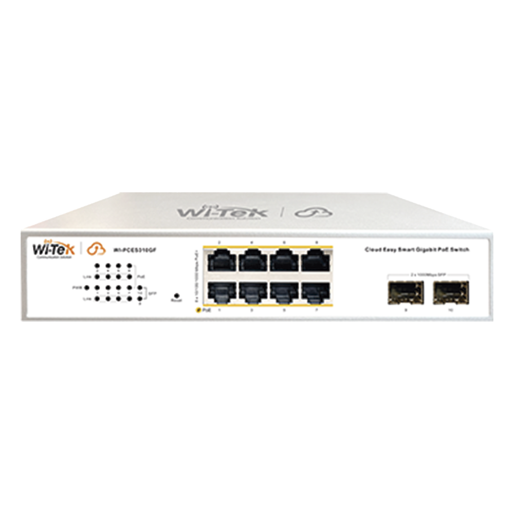 [WI-PCES310GF] Switch Administrable PoE / 8 puertos PoE af/at Gigabit / 2 x SFP Gigabit / Administración Cloud Gratuita / Presupuesto 120 W - WI-TEK WI-PCES310GF