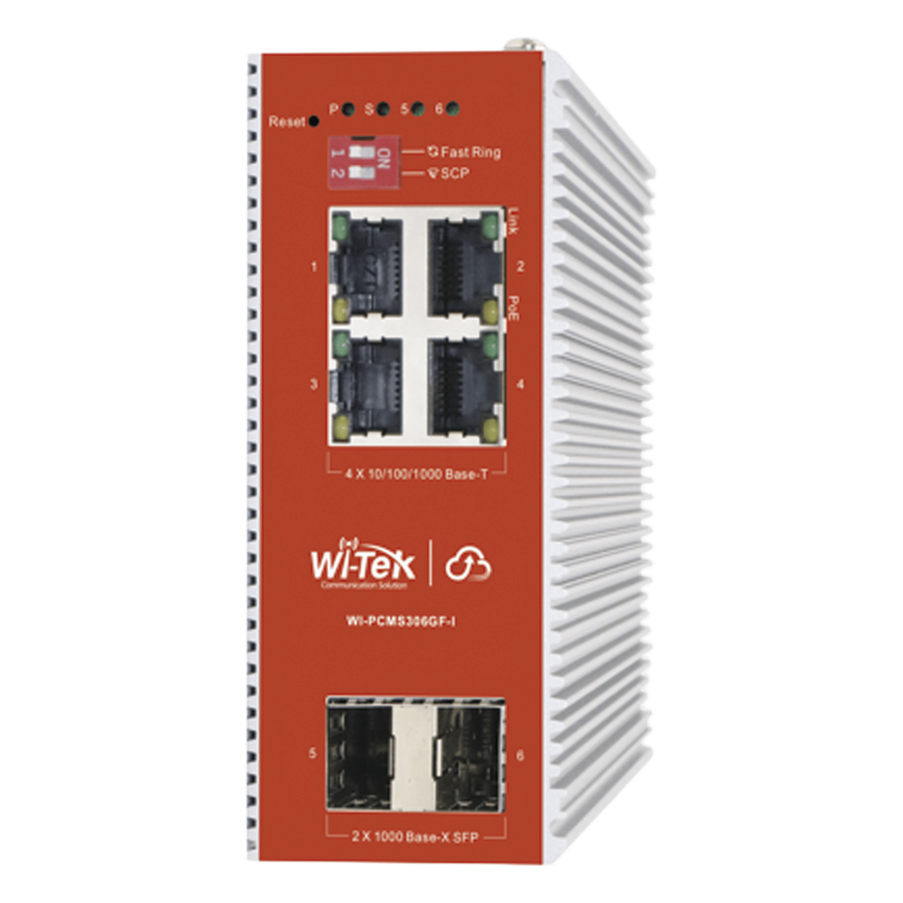 [WI-PCMS306GF-I] Switch L2+ PoE Industrial / Administración Cloud-Web-CLI / 4 Puertos PoE af/at 100/1000 Mbps / 2 Puertos SFP Gigabit / Presupuesto PoE 120 W / Protocolo ERSP (redundancia enlaces) - WI-TEK WI-PCMS306GF-I
