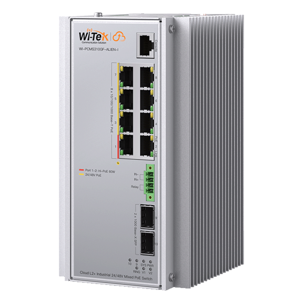 [WI-PCMS310GF-ALIEN-I] Switch Industrial Administrable Gigabit con 2 Puertos PoE bt + 6 Puertos PoE af/at o 24 V Pasivo + 2 SFP Gigabit, 240 W - WI-TEK WI-PCMS310GF-ALIEN-I
