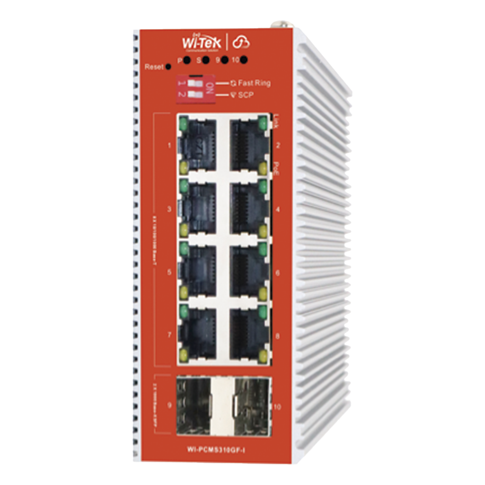 [WI-PCMS310GF-I] Switch L2+ PoE Industrial / Administración Cloud-Web-CLI / 8 Puertos PoE af/at 100/1000 Mbps / 2 Puertos SFP Gigabit / Presupuesto PoE 120 W / Protocolo ERSP (redundancia enlaces) - WI-TEK WI-PCMS310GF-I