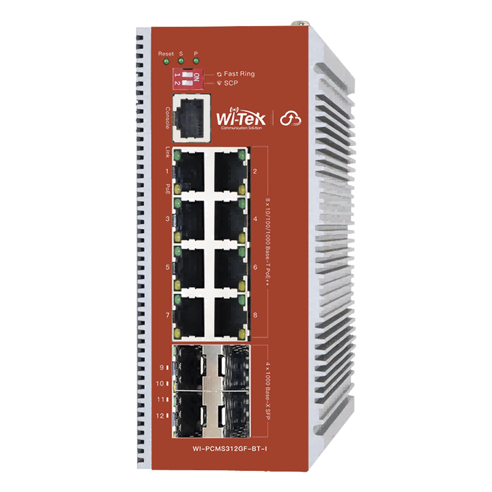 [WI-PCMS312GF-BT-I] Switch L2+ PoE Industrial / Administración Cloud-Web-CLI / 8 Puertos PoE af/at/bt 100/1000 Mbps / 2 Puertos SFP Gigabit / Presupuesto PoE 460 W / Protocolo ERSP (redundancia enlaces) - WI-TEK WI-PCMS312GF-BT-I