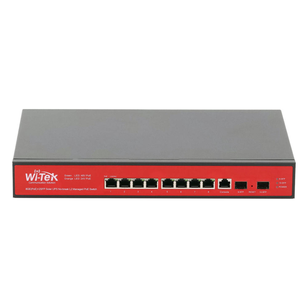 [WI-PMS310GF-UPS-PLUS] Switch Administrable Capa 2 de 8 puertos 10/100/1000 PoEaf/at + 2 x SFP Gigabit, con respaldo para energía solar - WI-TEK WI-PMS310GF-UPS-PLUS