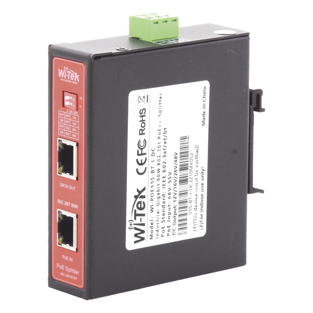 Splitter PoE IN hasta 90 W / Salida DC 12v/16V/24v o 48V / Carcasa metálica / Industrial soporte para riel DIN / Aplicaciones CCTV - WI-TEK WIPOE55SBTIDC