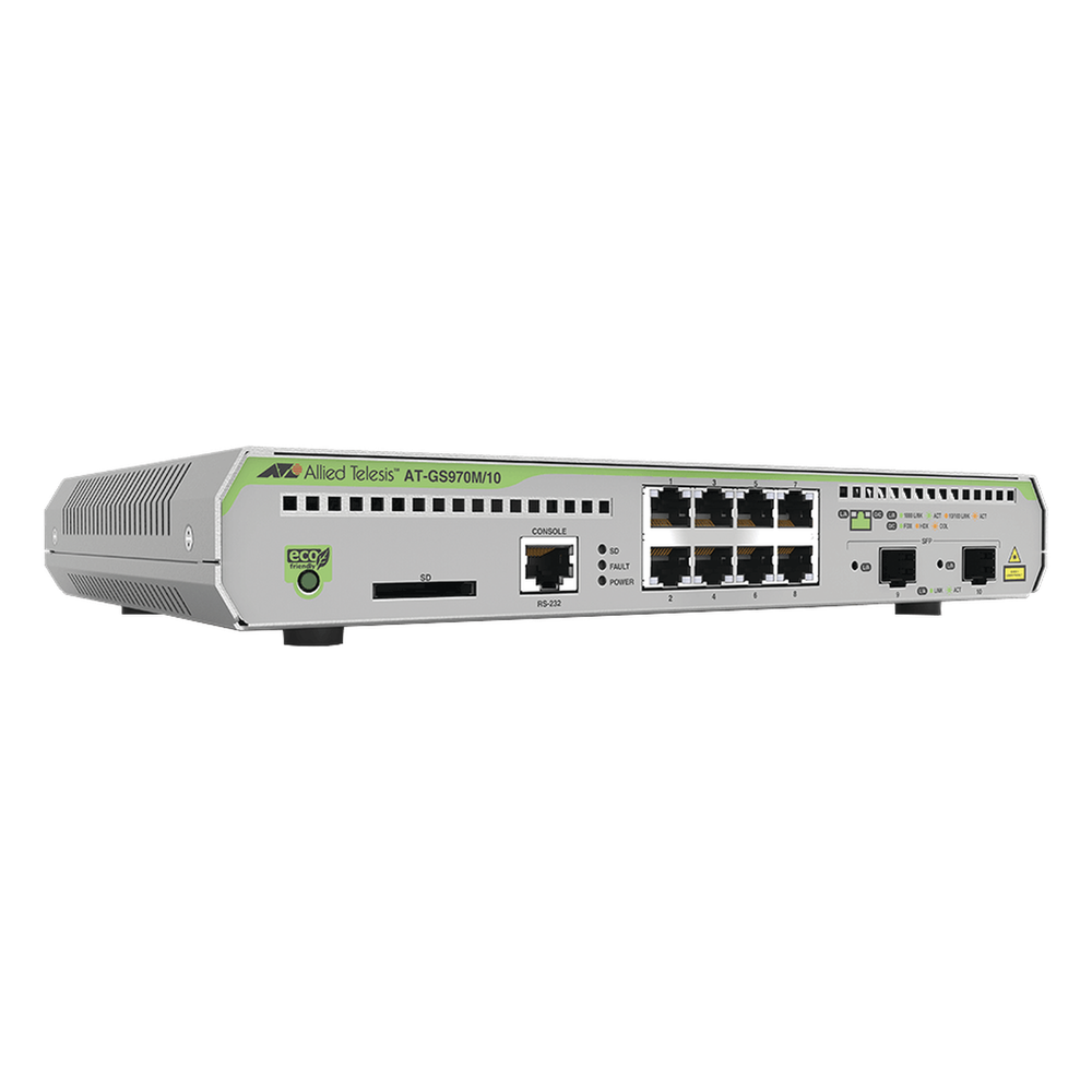 Switch Administrable CentreCOM GS970M, Capa 3 de 8 Puertos 10/100/1000 Mbps + 2 puertos SFP Gigabit