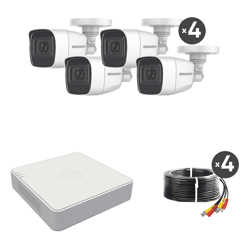 [B8-KIT-MIC] (MICRÓFONO Integrado) Kit TurboHD 1080p Lite / DVR 4 canales / Audio por Coaxitron / 4 Cámaras Bala de Metal con Micrófono Integrado