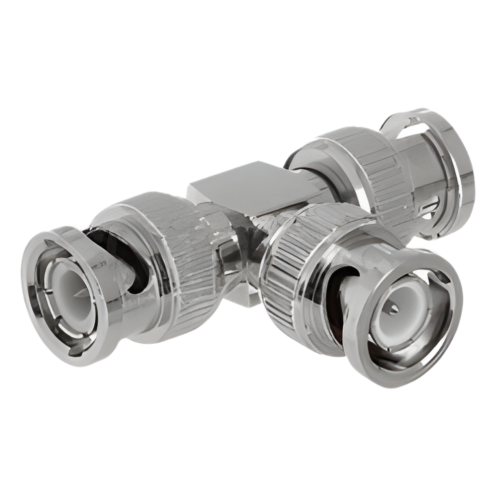 Adaptador de Triple conectores BNC macho para uso en sistemas de video vigilancia en aplicación con cables coaxiales RG-59/ RG-6, Níquel/ Oro/ Politetrafluoroetileno.