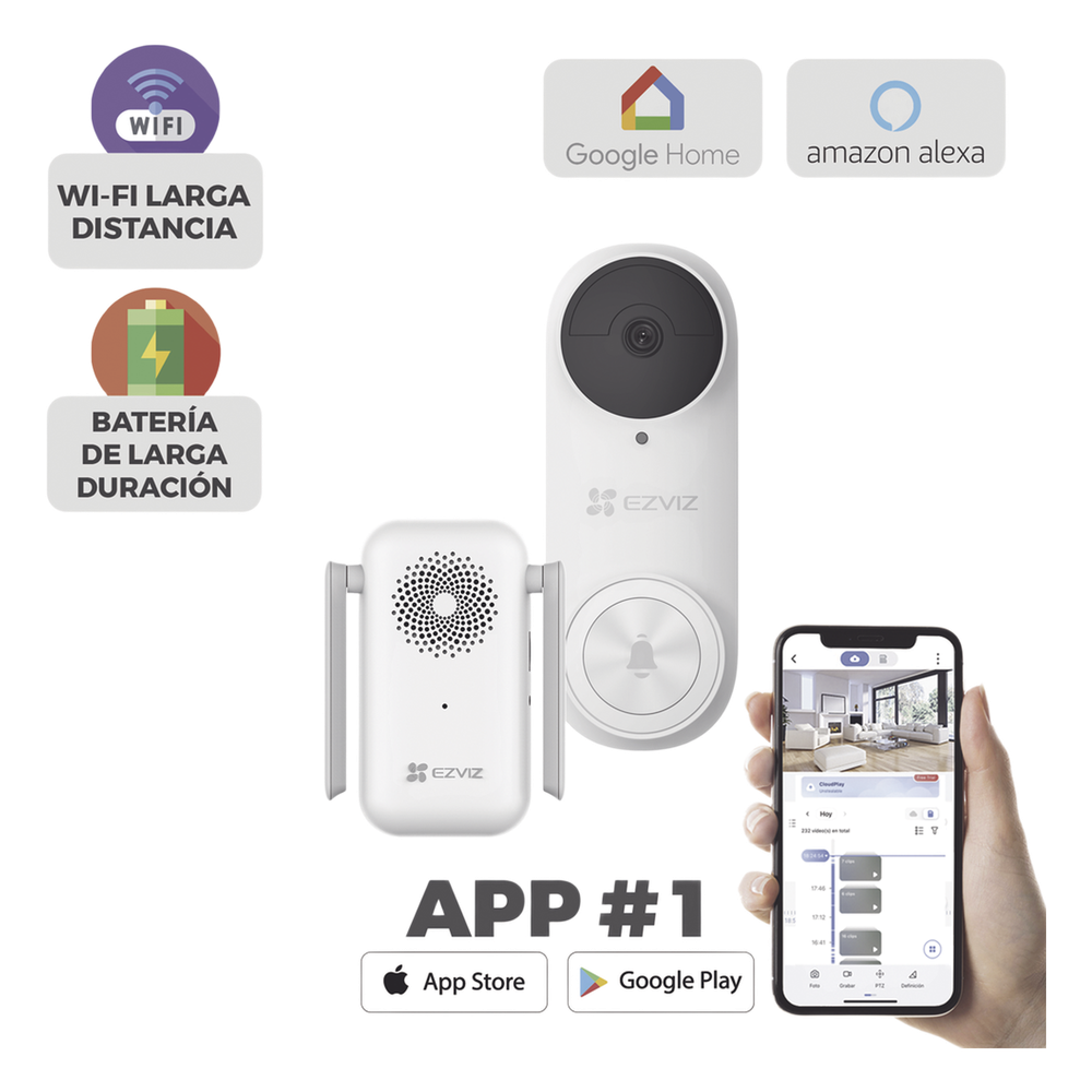 Timbre con Cámara Wi-Fi (Doorbell) de Batería Recargable / Libre de Cables / Uso Exterior Con Protección (IP65) / Cámara 3 Megapíxel / Llamada a la App / Incluye Timbre Para Interior Con Timbres Seleccionables / Ranura