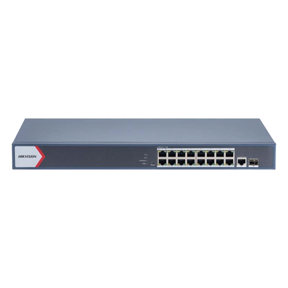 Switch Gigabit PoE+ / Administrable / 16 Puertos 1000 Mbps PoE+ / 1 Puerto 1000 Mbps de Uplink / 1 Puerto SFP / Configuración Nube desde Hik-Partner Pro / Modo Extendido hasta 300 Metros / 230 Watts