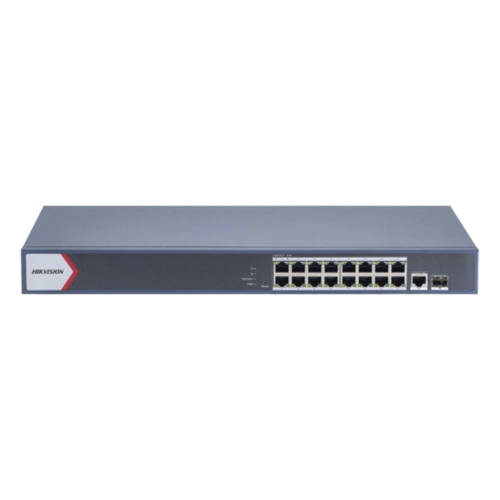 Switch Gigabit PoE+ / Monitoreable / 16 Puertos 1000 Mbps PoE+ / 1 Puerto 1000 Mbps de Uplink / 1 Puerto SFP / Configuración Nube desde Hik-PartnerPro / Modo Extendido hasta 300 Metros / 130 Watts