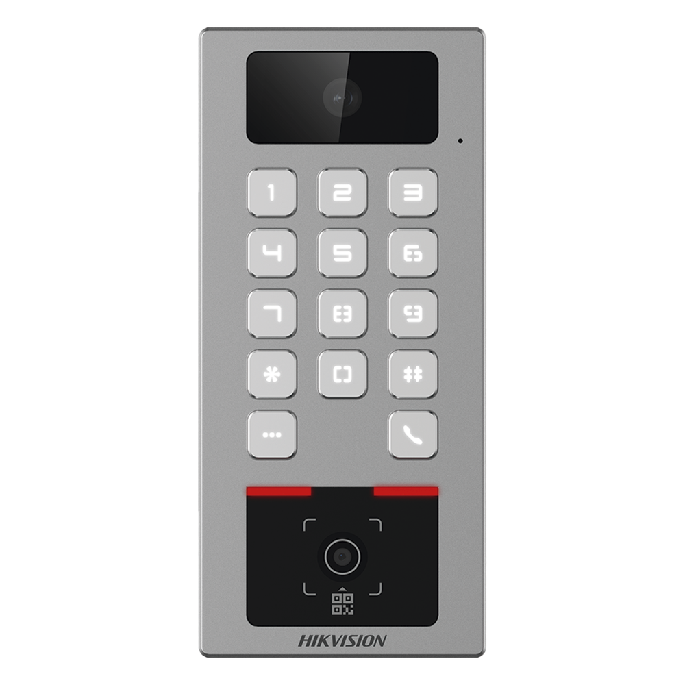 Teclado con Lector Físico de QRs para Exterior Antivandálico IP65 & IK09 con función de Videoportero Multiapartamento / Tarjeta, Código QR, PIN o App HikConnect / Cámara 2 MP compatible con NVRs / Soporta b