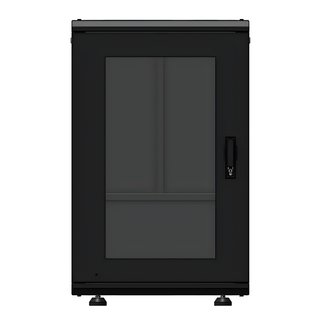 Gabinete Rack 19 Pulgadas / 18 Unidades / Piso / Puerta de Cristal / Acero Calibres 16-18-20 / Capacidad 750 kg (1653.5 lb) / Dimensiones 60 cm (23.6 in) x 93 cm (36.6 in) x 46 cm (18.1 in)
