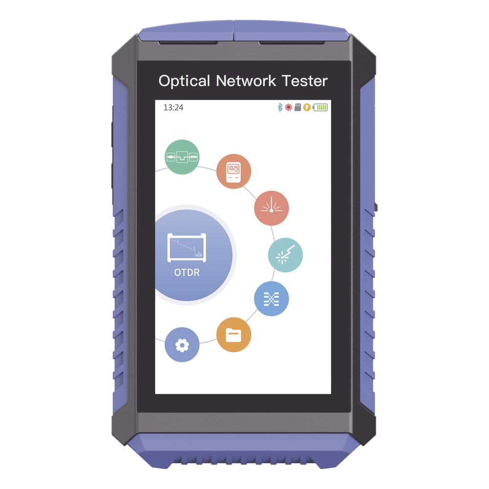 Mini OTDR Touch para Pruebas en Enlaces Fibra Óptica Activos (Prueba de Fibra Viva) / Longitud de Onda en 1625nm / Integra Función OPM / Integra Función VFL 5mW / Mapeo de Cables RJ45 / Recargable / Distancia de Prueba hasta 100 Kilómetros (328084 pi