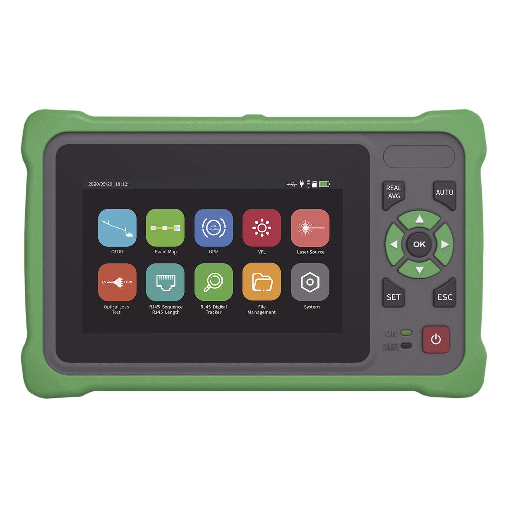 OTDR Touch para Pruebas en los Enlaces de Fibra Óptica / Longitudes de Onda 1310nm y 1550nm / Función VFL 10mW / Función OPM / Función de Mapeo de Cables de Red RJ45 / Recargable / Distancia de Prueba de hasta 260 Kilóme