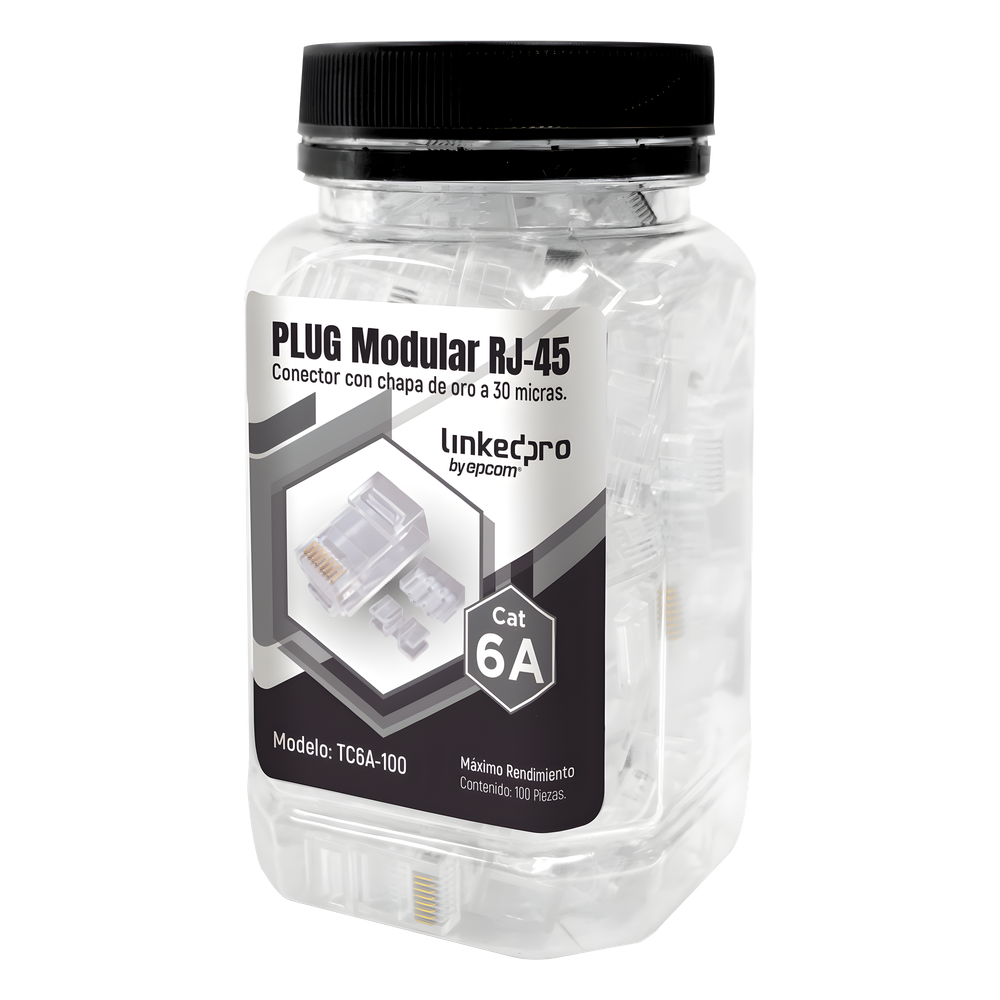 Bote con 100 Piezas de Plug Modular RJ45 Cat6A Chapado de Oro a 30 Micras para Durabilidad Extrema