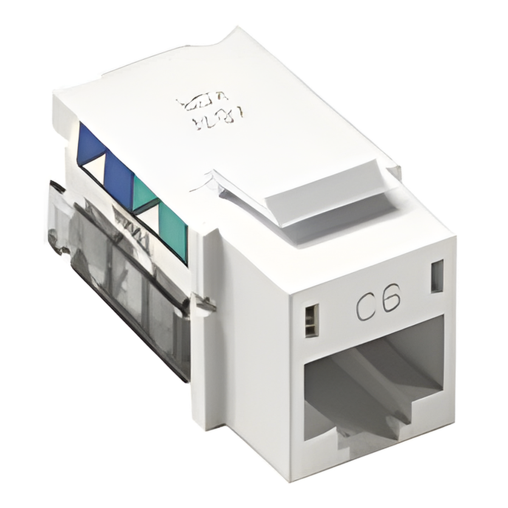 Jack RJ45 categoría 6 de 8 conductores para voz y datos, inserto a presión para el frame Claro de 6 puertos, color blanco