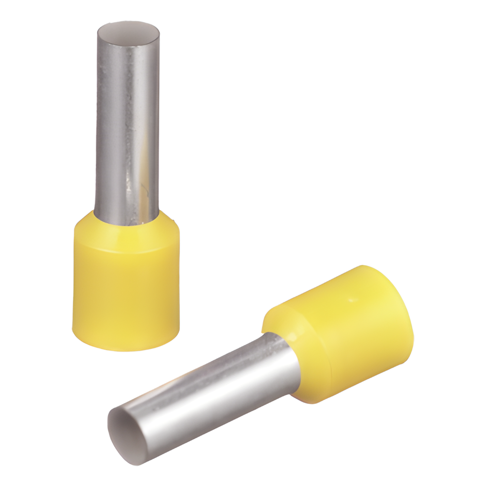 Ferrúl de cobre DIN Amarillo para Cable 10 AWG con largo 12 mm. Paquete de 100 Piezas
