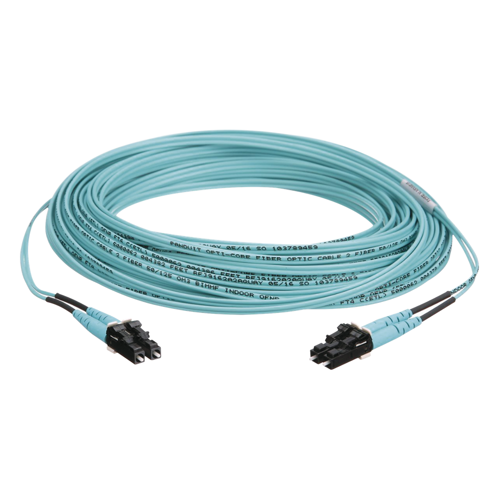 Jumper de Fibra Optica Multimodo 50/125 OM3, LC-LC Duplex, OFNR (Riser), Color Aqua, 10 Metros (32.81 Pies)