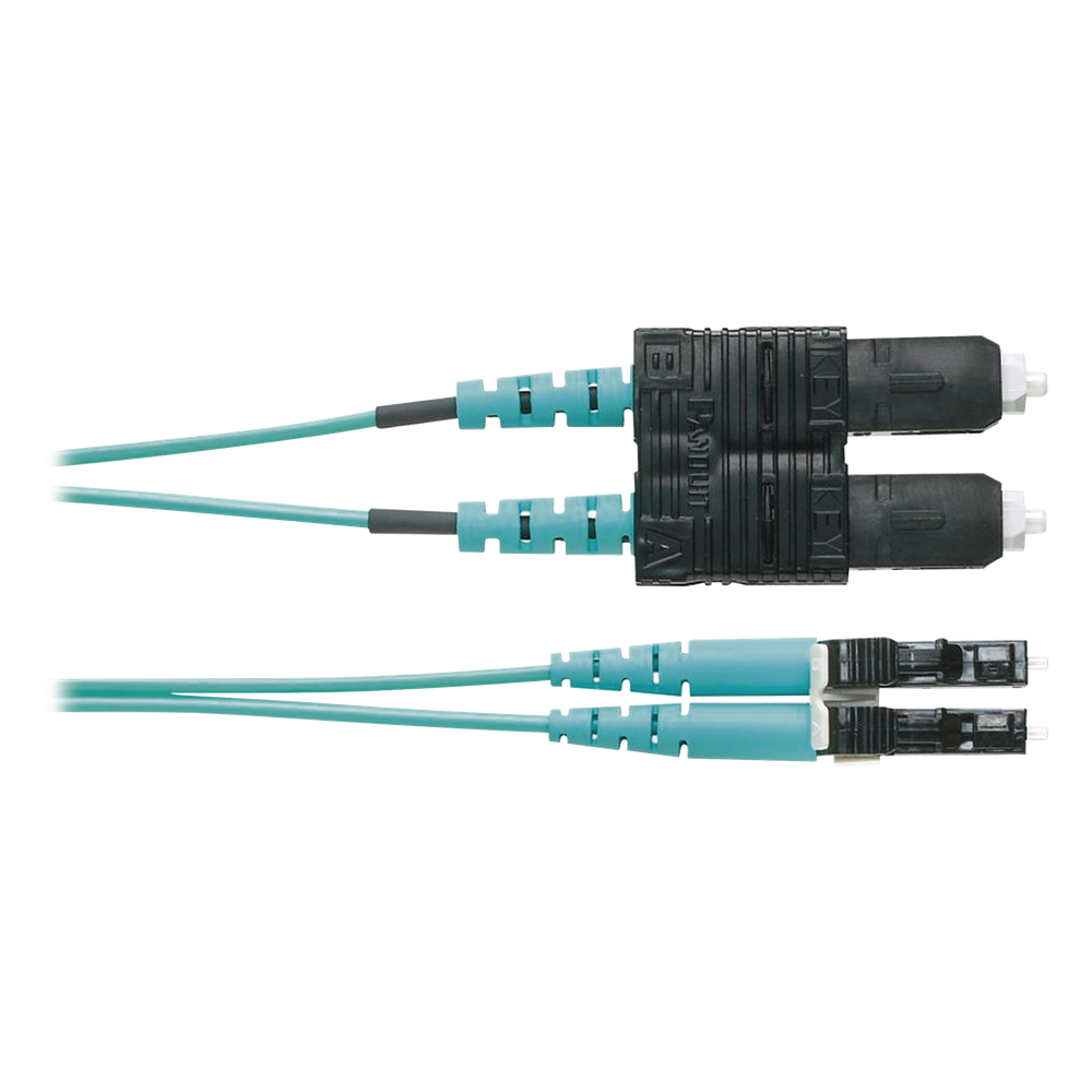 Jumper de Fibra Optica Multimodo 50/125 OM4, LC-SC Duplex, OFNR (Riser), Color Aqua, 3 Metros (9.84 Pies)