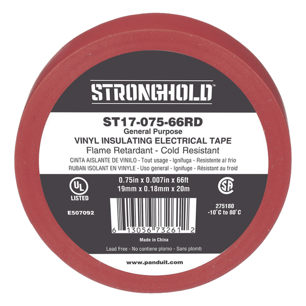 Cinta Eléctrica STRONGHOLD para Aislar, de PVC, Uso General Reparación y Mantenimiento, Grosor de 0.18mm (7 mil), Ancho de 19mm, y 20.12m de Largo, Color Rojo