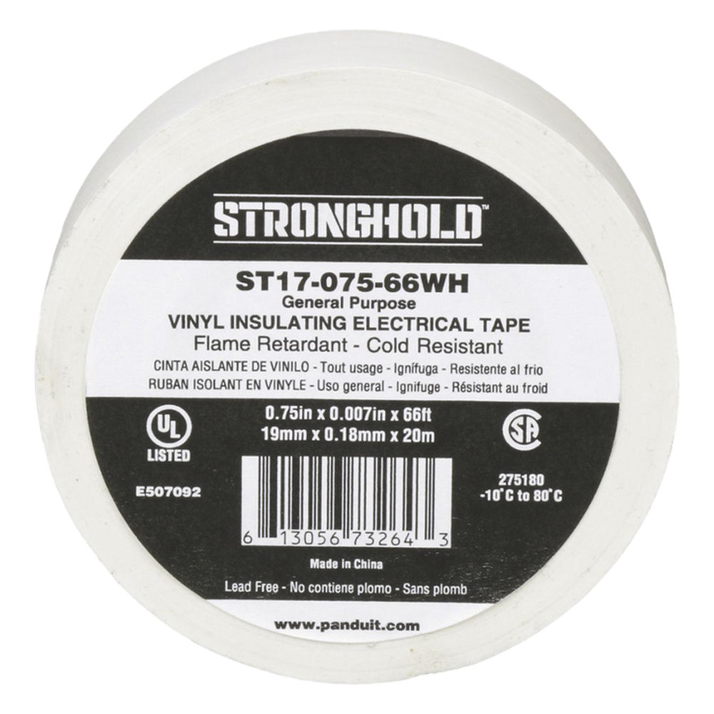 Cinta Eléctrica STRONGHOLD para Aislar, de PVC, Uso General Reparación y Mantenimiento, Grosor de 0.18mm (7 mil), Ancho de 19mm, y 20.12m de Largo, Color Blanco
