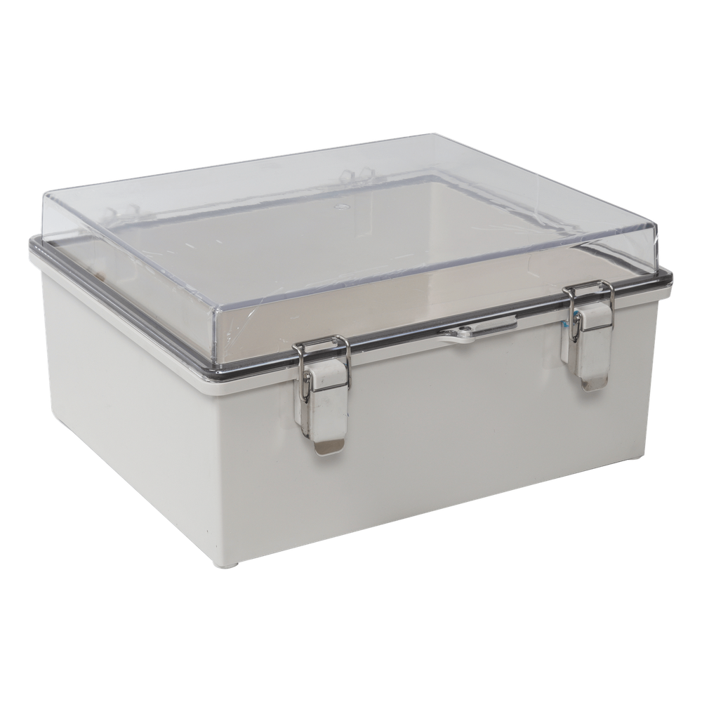 Gabinete Plástico ABS, Puerta Transparente, Uso en Intemperie (350 x 460 x 160 mm) Cierre por Broches Inoxidables y Permite Cerrado con Candado y Llave (Perno 5mm) No Incluido