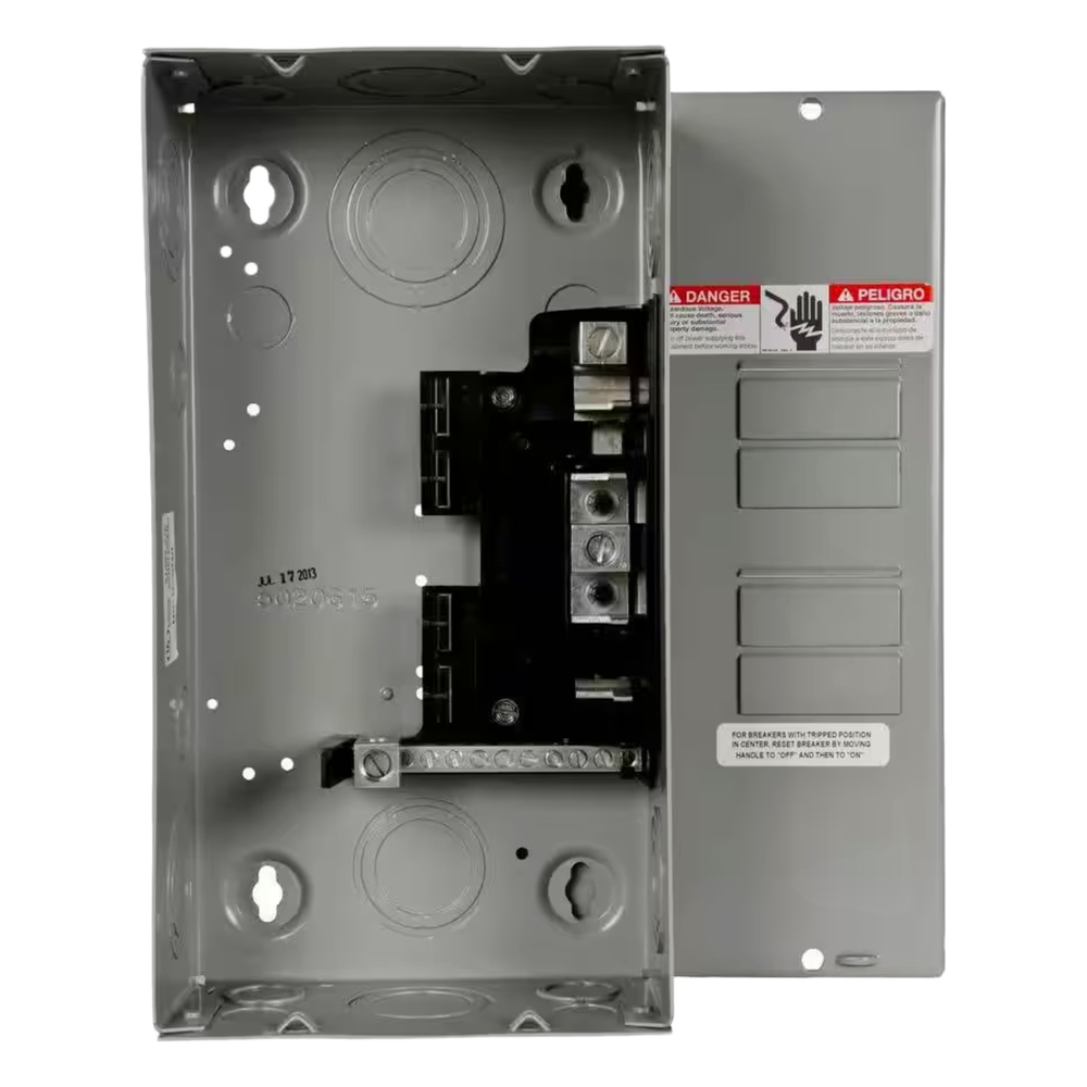 Centro de carga monofásico para empotrar. 1 Fase, 3 Hilos para interruptores QT, de 4 polos - 8 Circuitos, 120/240vca, Barras de aluminio 125 Amp, Nema 1.