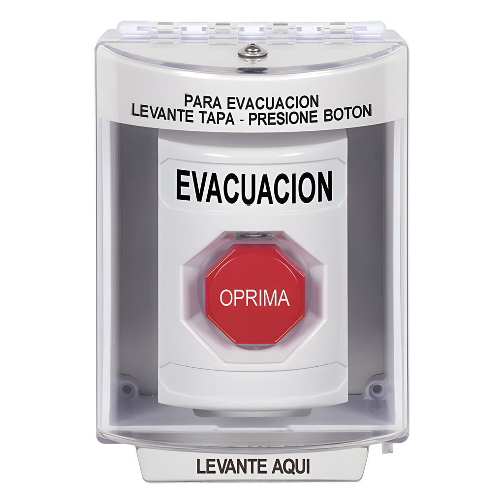 Botón de Evacuación, Cubierta de Policarbonato Súper Resistente de Superficie con Espaciador, Restablecimiento con Llave, Con Bocina de Advertencia