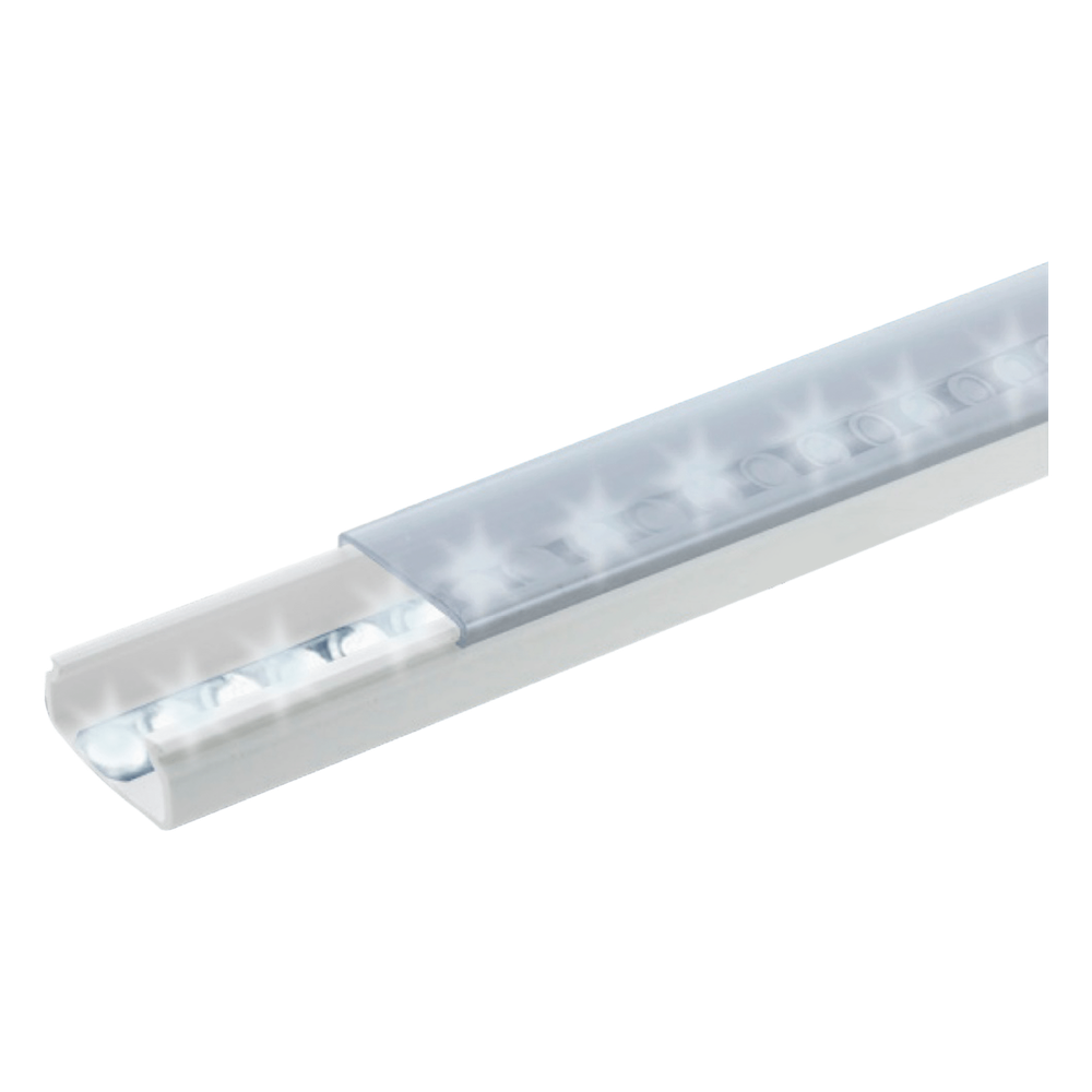 [TMK-1020-TP2] Difusor para tira LED con tapa transparente de PVC auto extinguible, ideal para colocar iluminación, 20 x 10mm, tramo de 1.53 m con cinta Autoadherible.