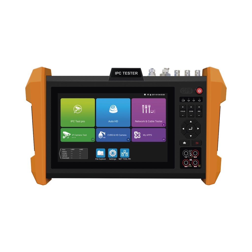 Probador de Video con Pantalla LCD de 7" para IP ONVIF / 8MP TVI + 8MP CVI + 8MP AHD + SDI/EX‚?êSDI + Multimetro + Cable TDR / Prueba de Red de Fibra Optica + Medidor de Distancia Laser + Camara Integrada
